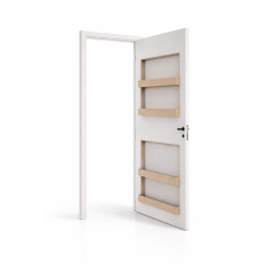 Porte gain de place avec étagères intégrées : un rangement malin, discret et toujours à portée de main.